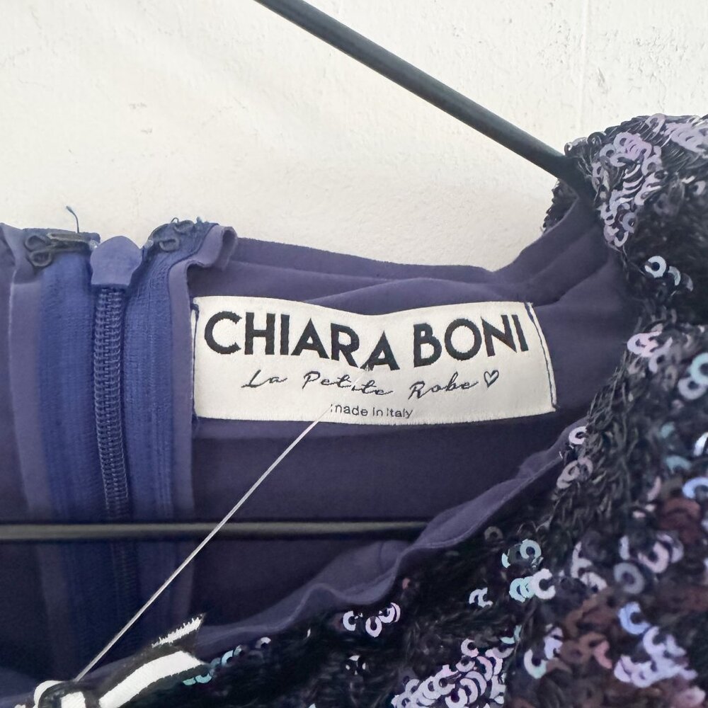 NWT Chiara Boni Navy Blue Bateau Neck Sequin Mini Dress 10 - Picture 4 of 7